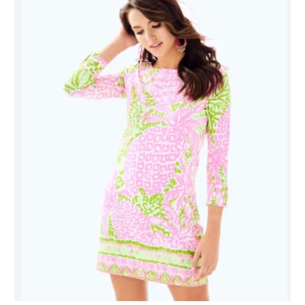 New Lilly Pulitzer Pink Sunset Sophie Dress Pineapple  Boat Neck Button Large